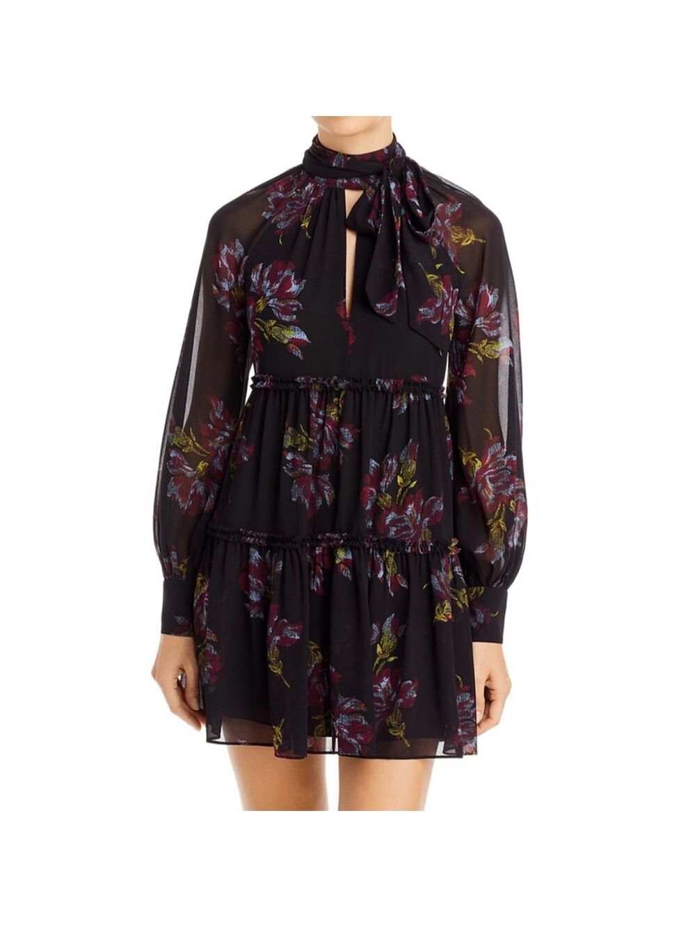 Cinq à Sept Revina Floral Print Mini Dress Black Size 0 Mock-neck Bow Key-hole - Picture 4 of 16